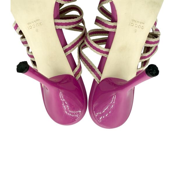 GUCCI Mirabelle Knotted Stripe Mules EU 40 US 10 Fuchsia Pink High Heels Sandals - Picture 10 of 11
